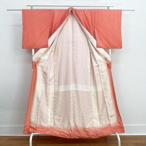 Vintage traditional authentic Japanese kimono, light orange silk long kimono